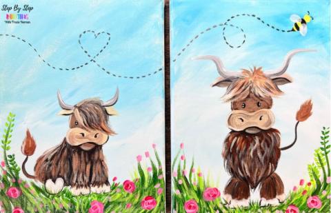 A Highlands cow and a calf painted side by side.