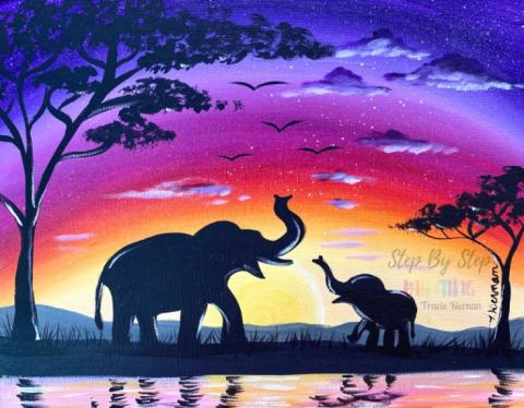 African Elephant Silhouette sunset painting