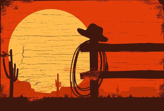 fence, cowboy hat, lasso and sun